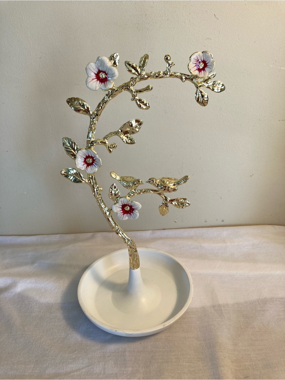 Gold Cherry Blossom Floral Jewelry Tree Stand with White Dish